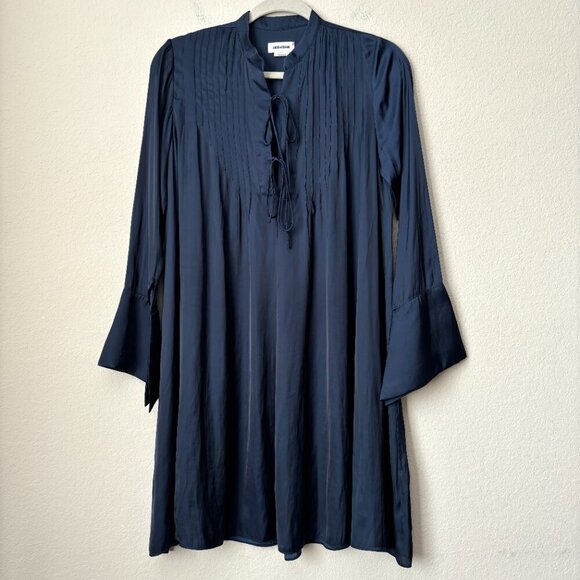 Zadig & Voltaire Raika Satin Tie Neck Navy Long Bell Sleeve Dress - Picture 4 of 13